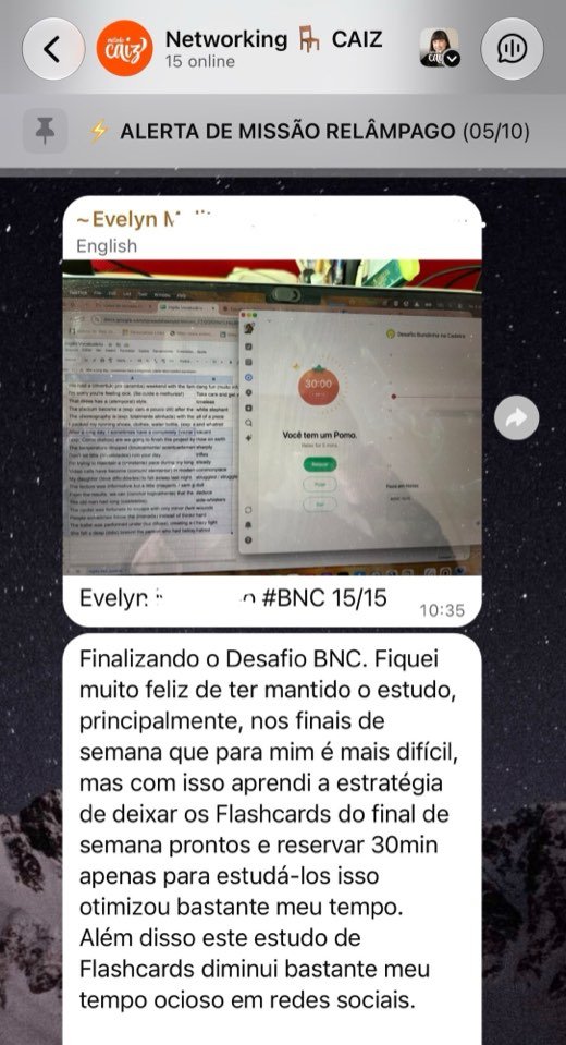 Aluna compartilhando no grupo Networking CAIZ que finalizou o Desafio BNC