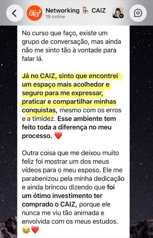 Aluna dizendo que no CAIZ encontrou um espaço acolhedor e seguro para praticar, mesmo com os erros e a timidez