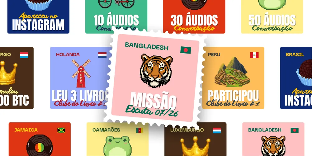 Coleção de selos do CAIZ: Missão Escuta, Leu 3 livros, 10, 30 e 50 áudios de conversação, Apareceu no Instagram e outros